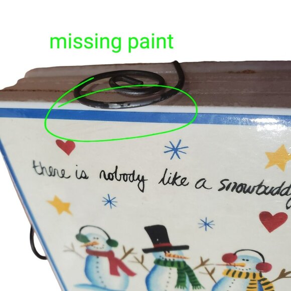 Snowman Coaster Set Nobody Like A Snowbuddy 4 Ceramic Drink Holders Wire Basket - Picture 8 of 8